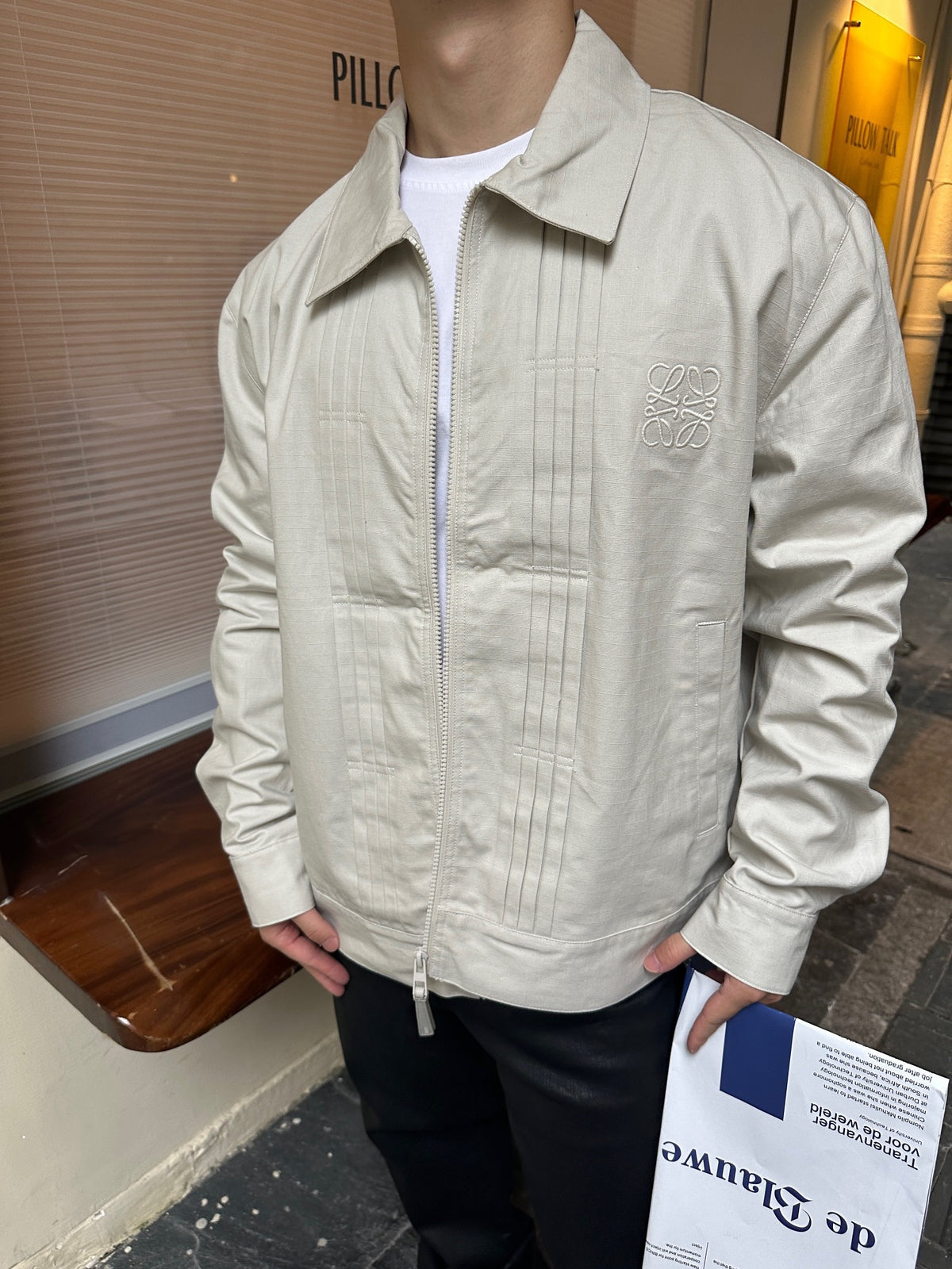 Loewe Light Khaki Pleated Collared Jacket Anagram Embroidery Zip Up Coat