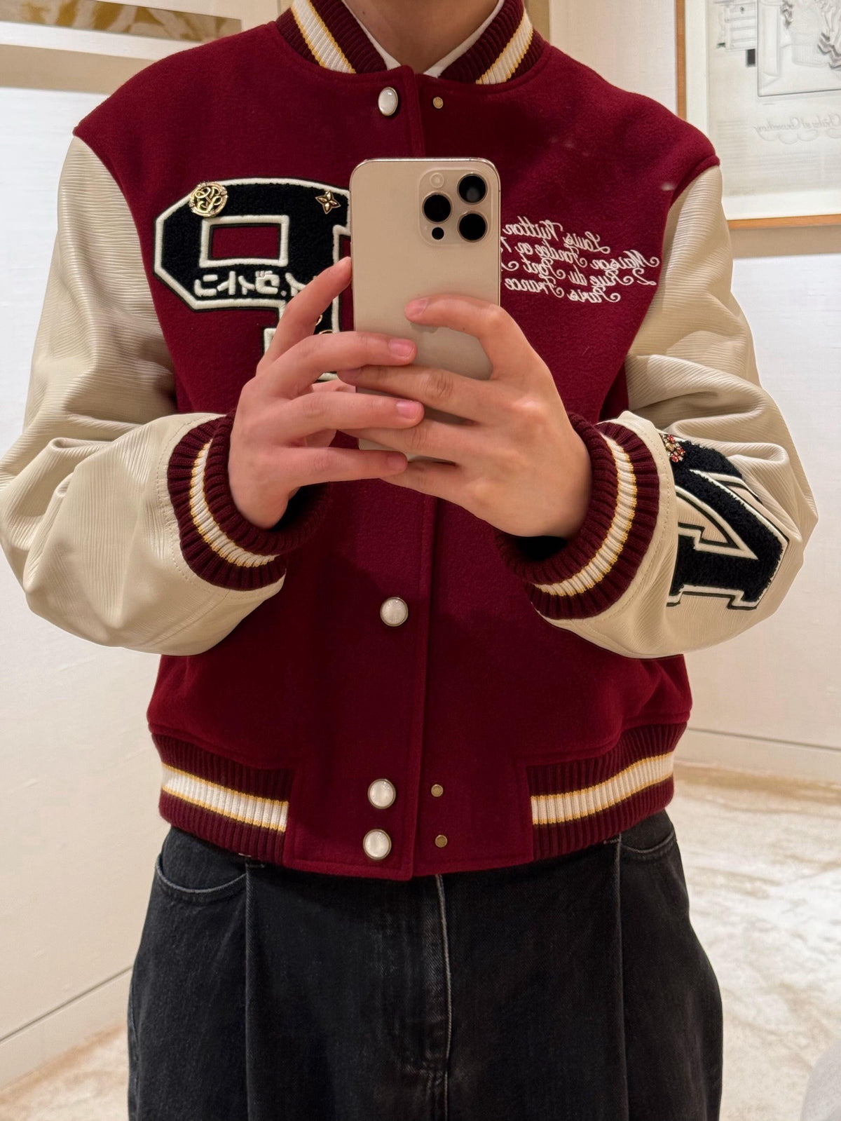 LV x Nigo Burgundy Letter Patch Varsity Jacket Vintage Baseball Coat Streetwear unisex Burgundy & Off-white