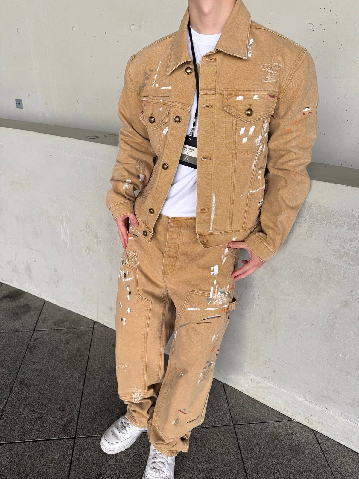 Louis Vuitton Paint Splatter Trucker Jacket Unisex Luxury Distressed Denim Coat Khaki