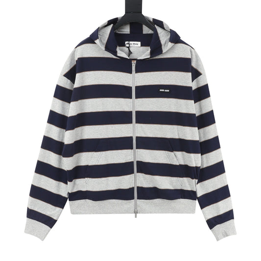 Miu Miu Striped Full Zip Hoodie, Heather Grey Navy