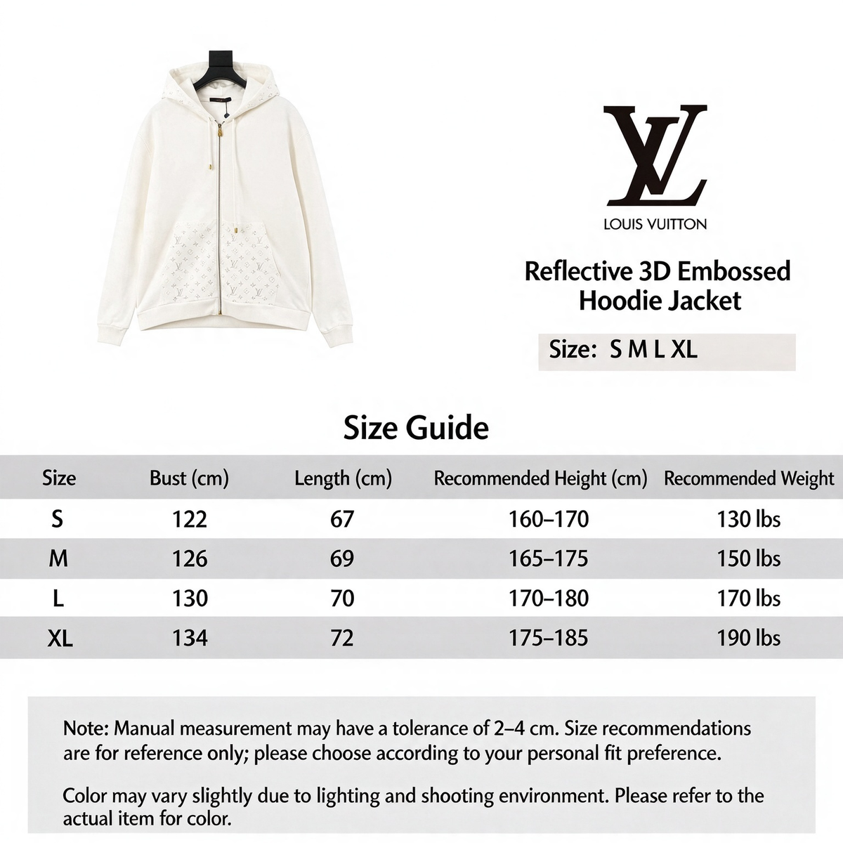 Louis Vuitton Monogram Embossed Full Zip Hoodie Unisex Casual Hooded Sweatshirt Outerwear Off White