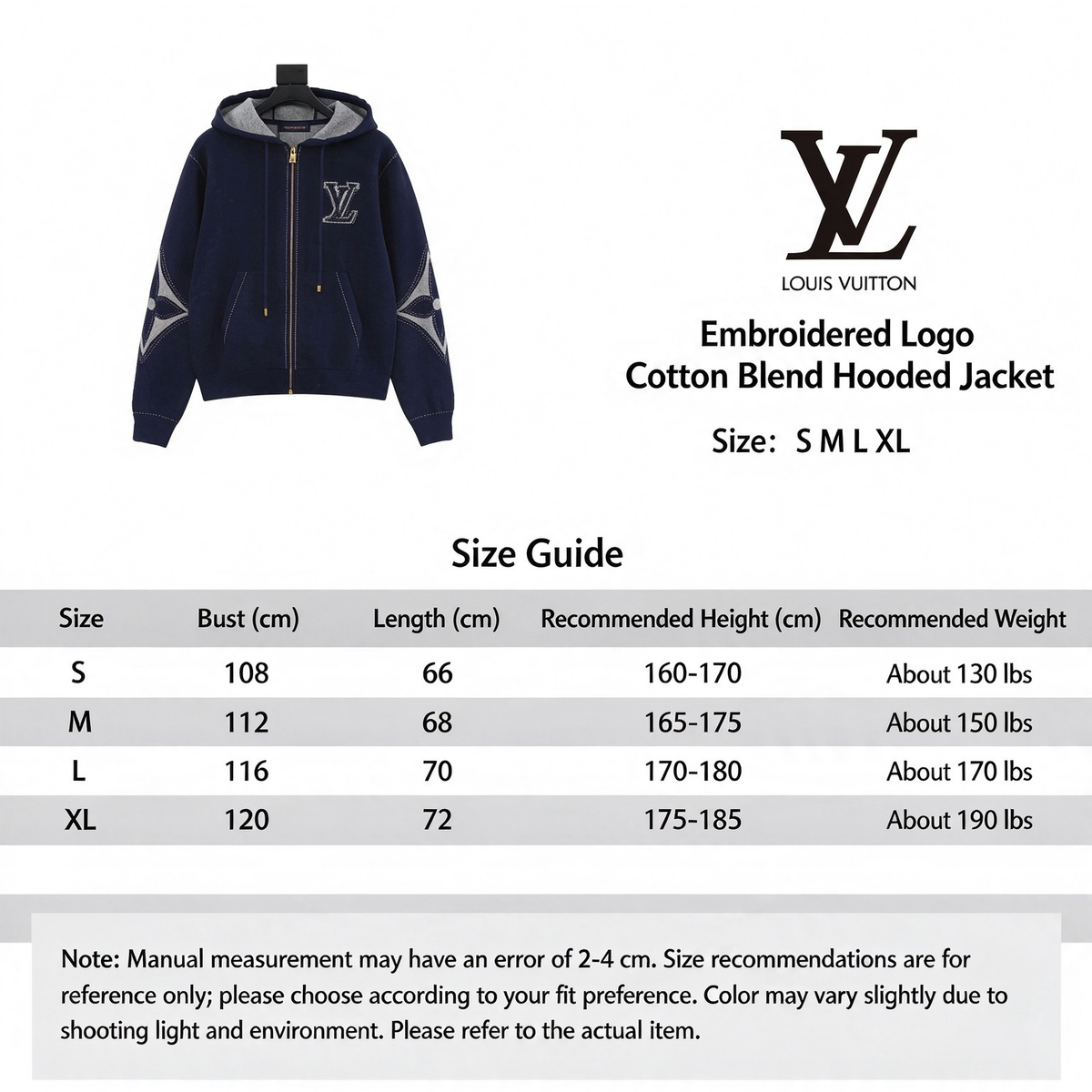 LV Contrast Stitch Embroidery Zip Hoodie Oversized Full Zip Jacket Sweatshirt Navy Unisex Black