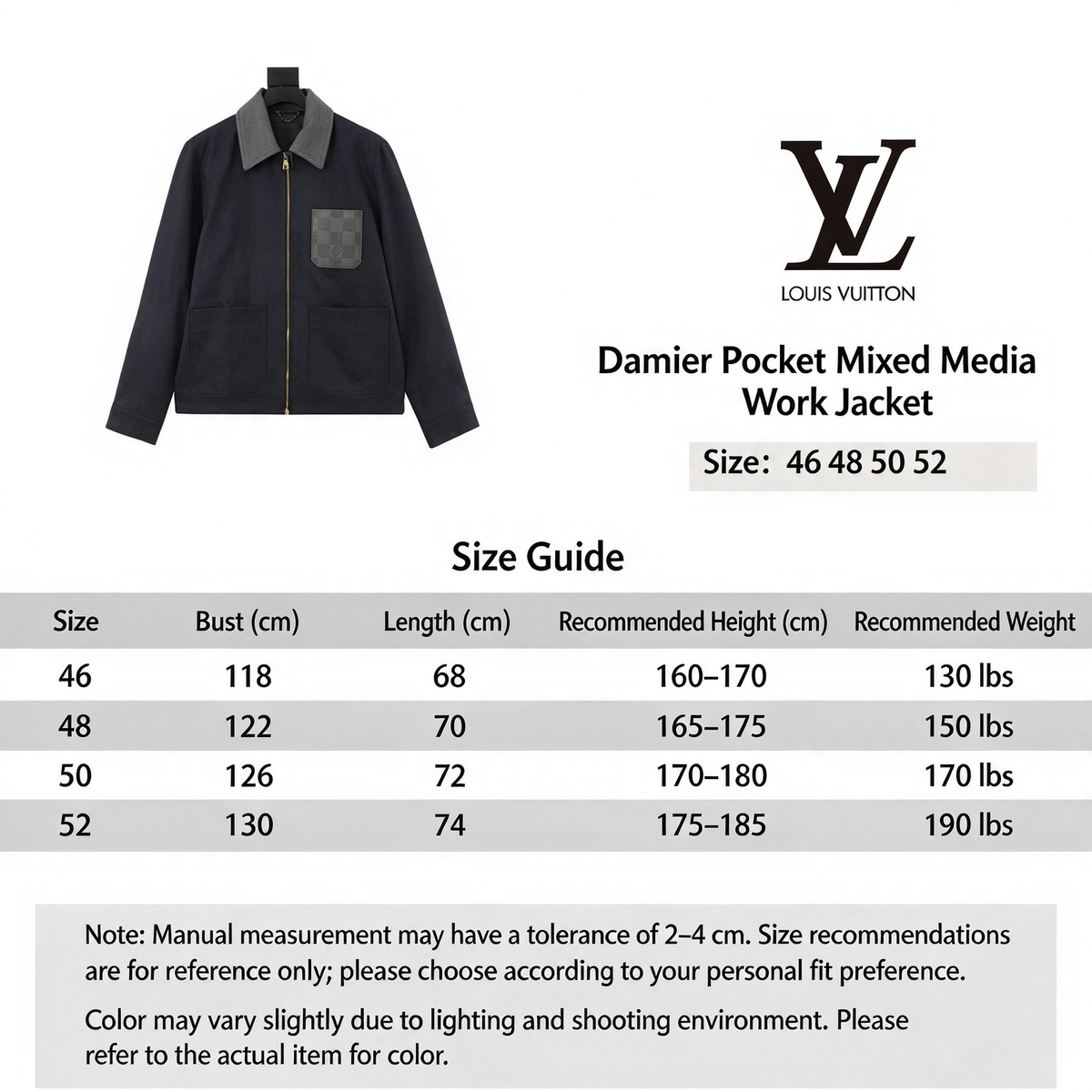 LV Leather Patch Pocket Workwear Jacket Designer Casual Outerwear Unisex Navy Blue