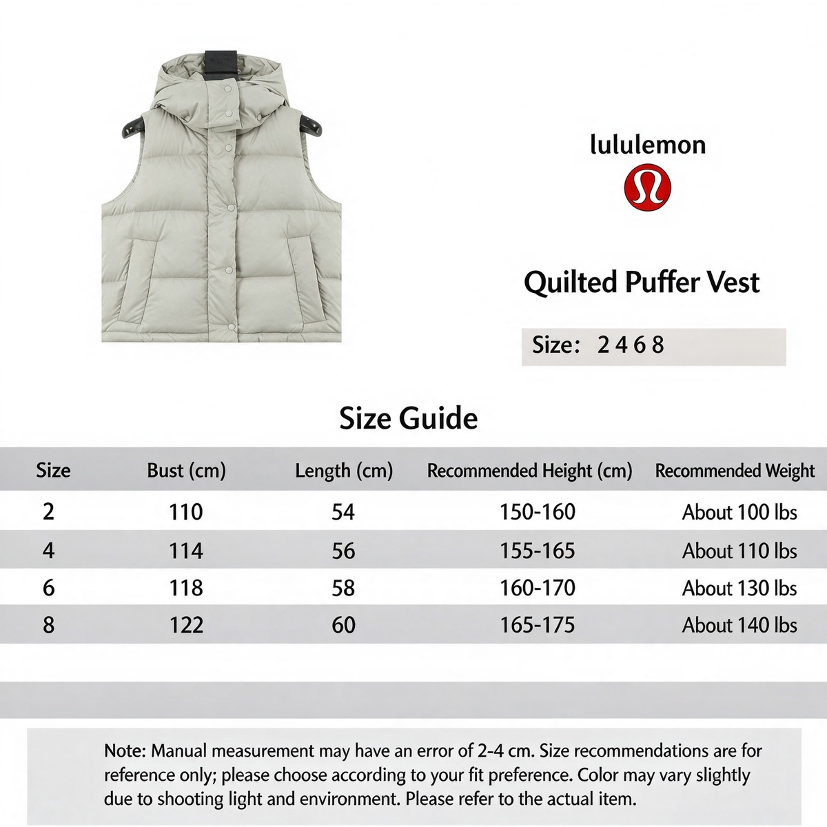 Lululemon Quilted Hood Puffer Vest Snap Button Sleeveless Warm Gilet Unisex Bone