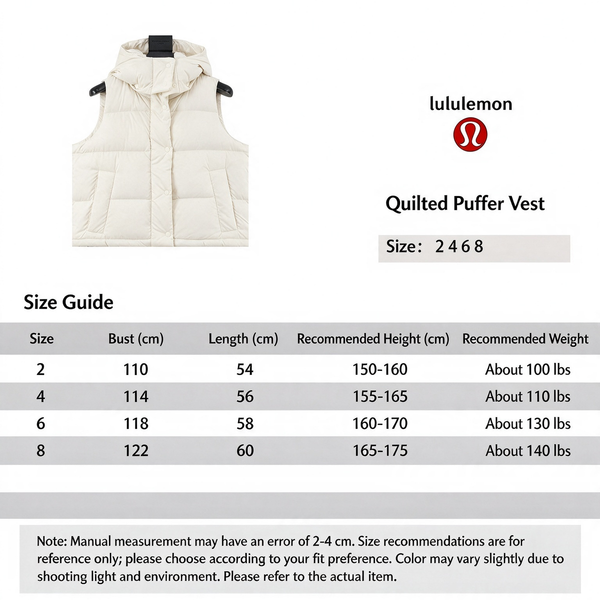 Lululemon Quilted Hood Puffer Vest Snap Button Sleeveless Warm Gilet Unisex White