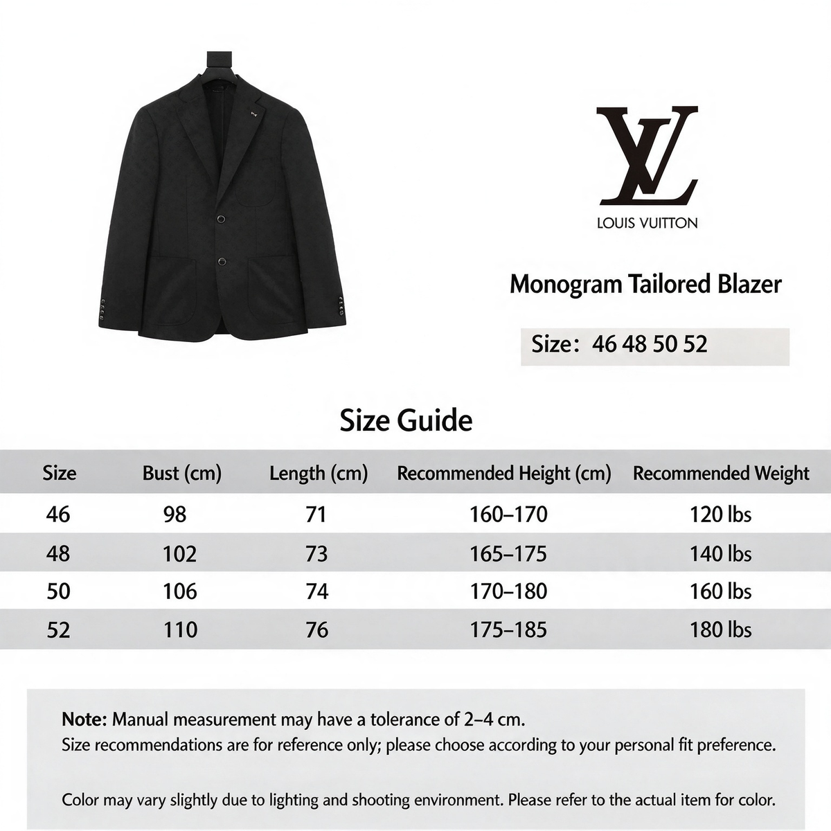 LV Luxury Monogram Jacquard Two Button Blazer Notch Lapel Casual Suit Jacket Solid Black