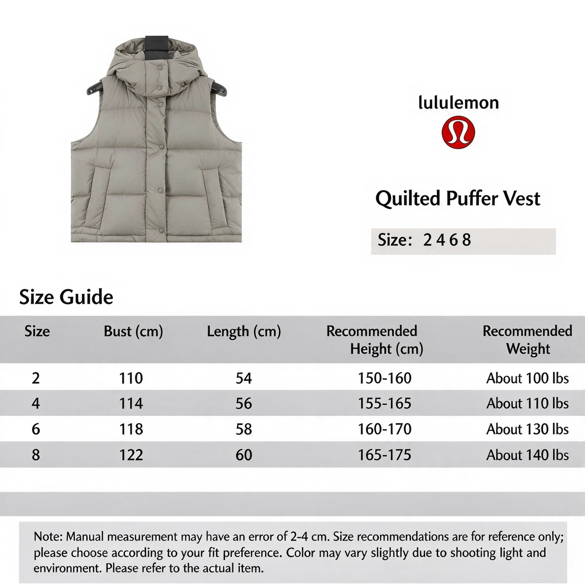 Lululemon Quilted Hood Puffer Vest Snap Button Sleeveless Warm Gilet Grey Sage