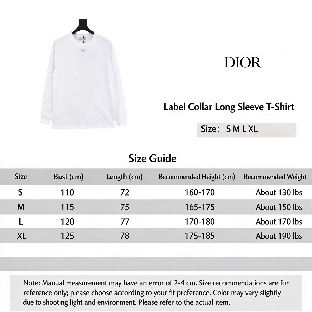 Dior Chest Tag Logo Long Sleeve T-shirt Unisex Christian Dior Label Casual Tee White