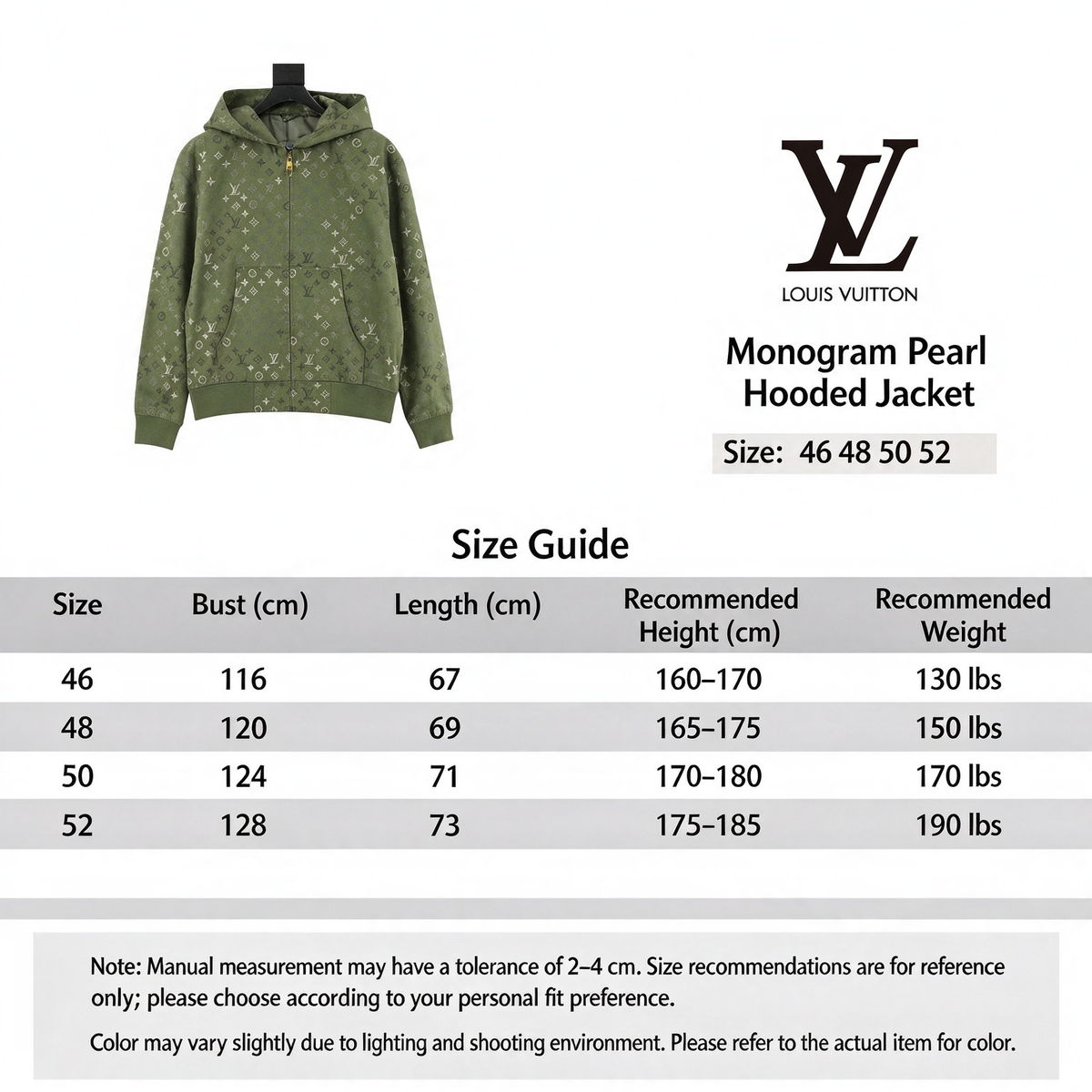 Louis Vuitton Monogram Print Zip Up Hooded Jacket Luxury Hoodie Coat Unisex Olive Green