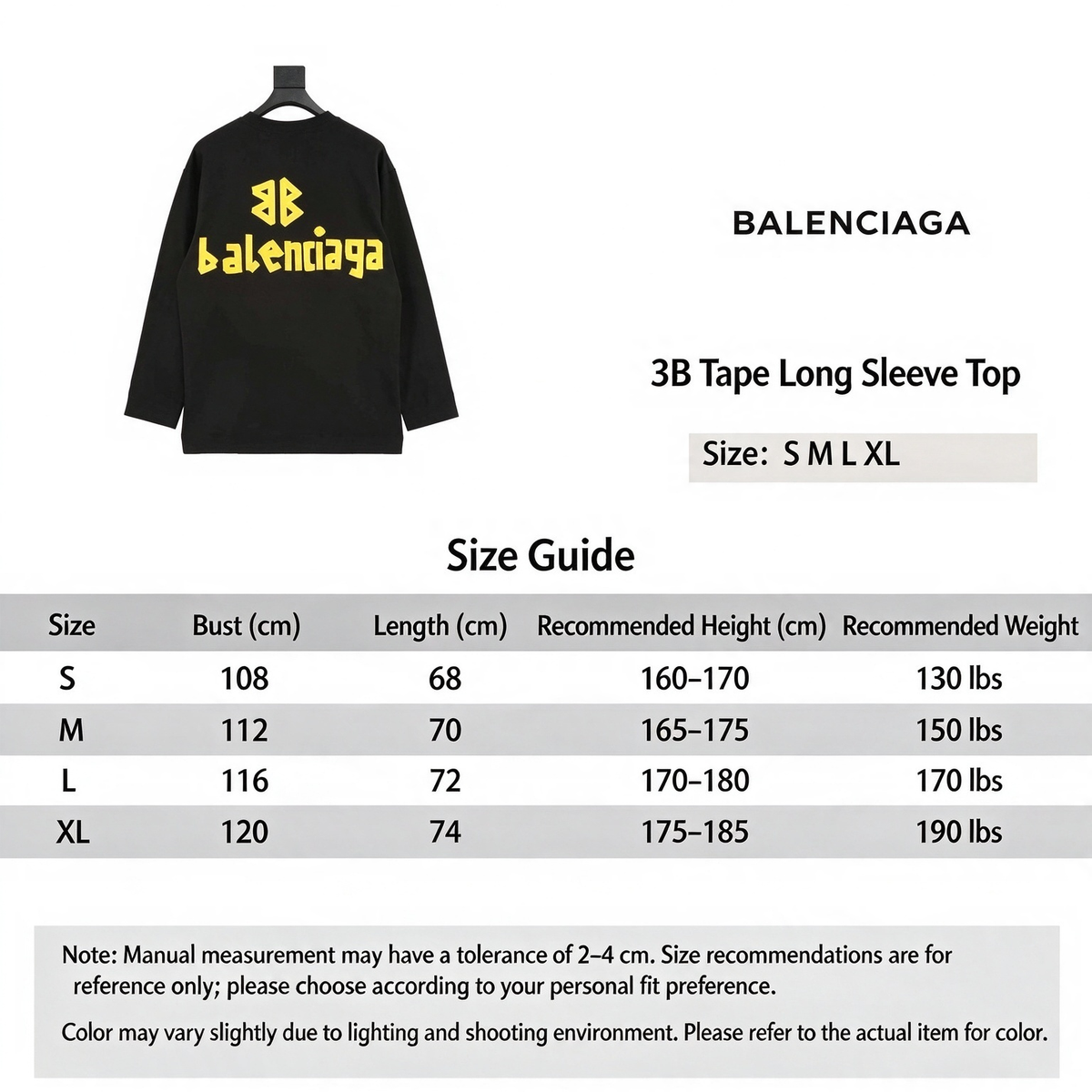 Balenciaga Tape Print Logo Long Sleeve Top Oversized Casual Shirt Unisex Black with Yellow Tape Print