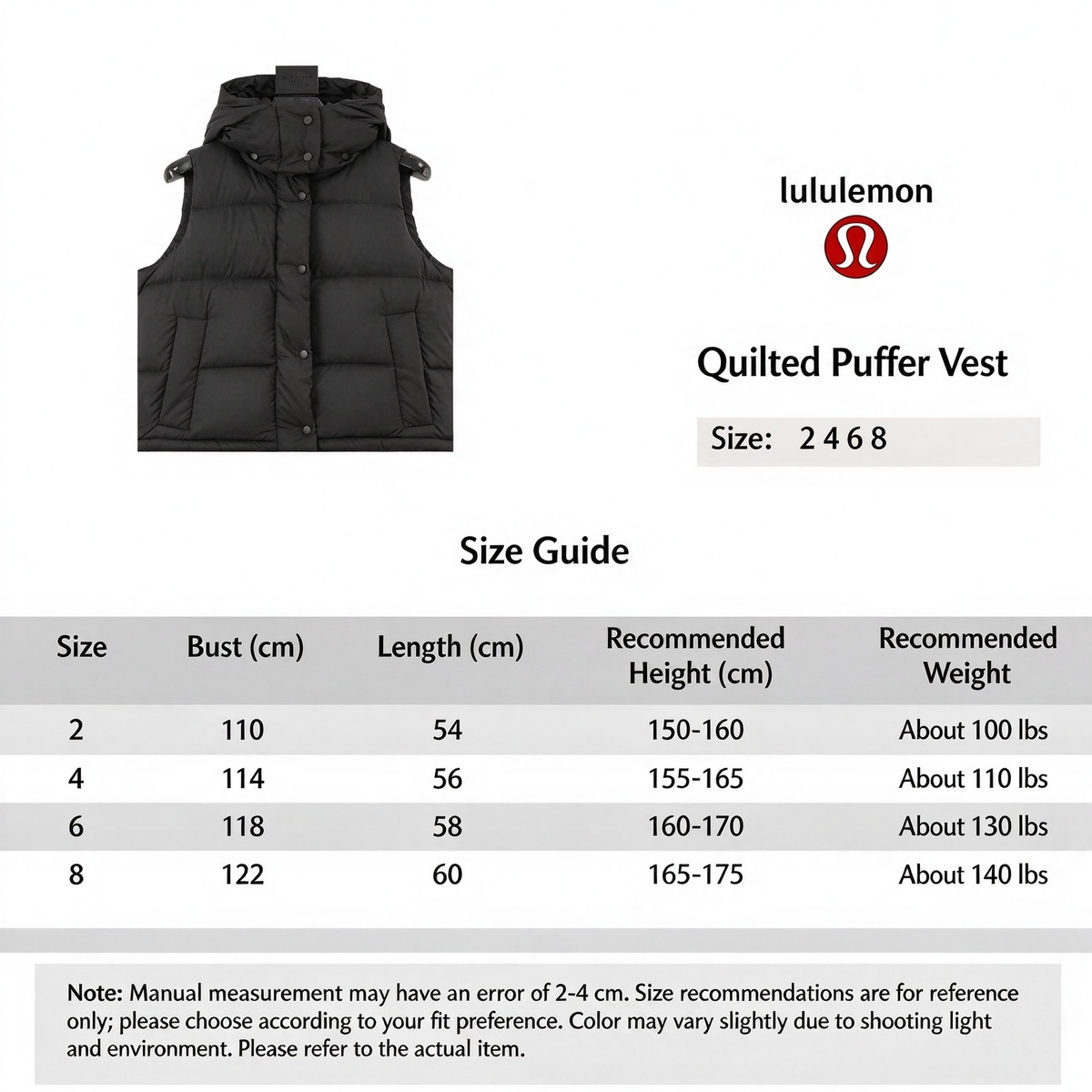 Lululemon Quilted Hood Puffer Vest Snap Button Sleeveless Warm Gilet Black