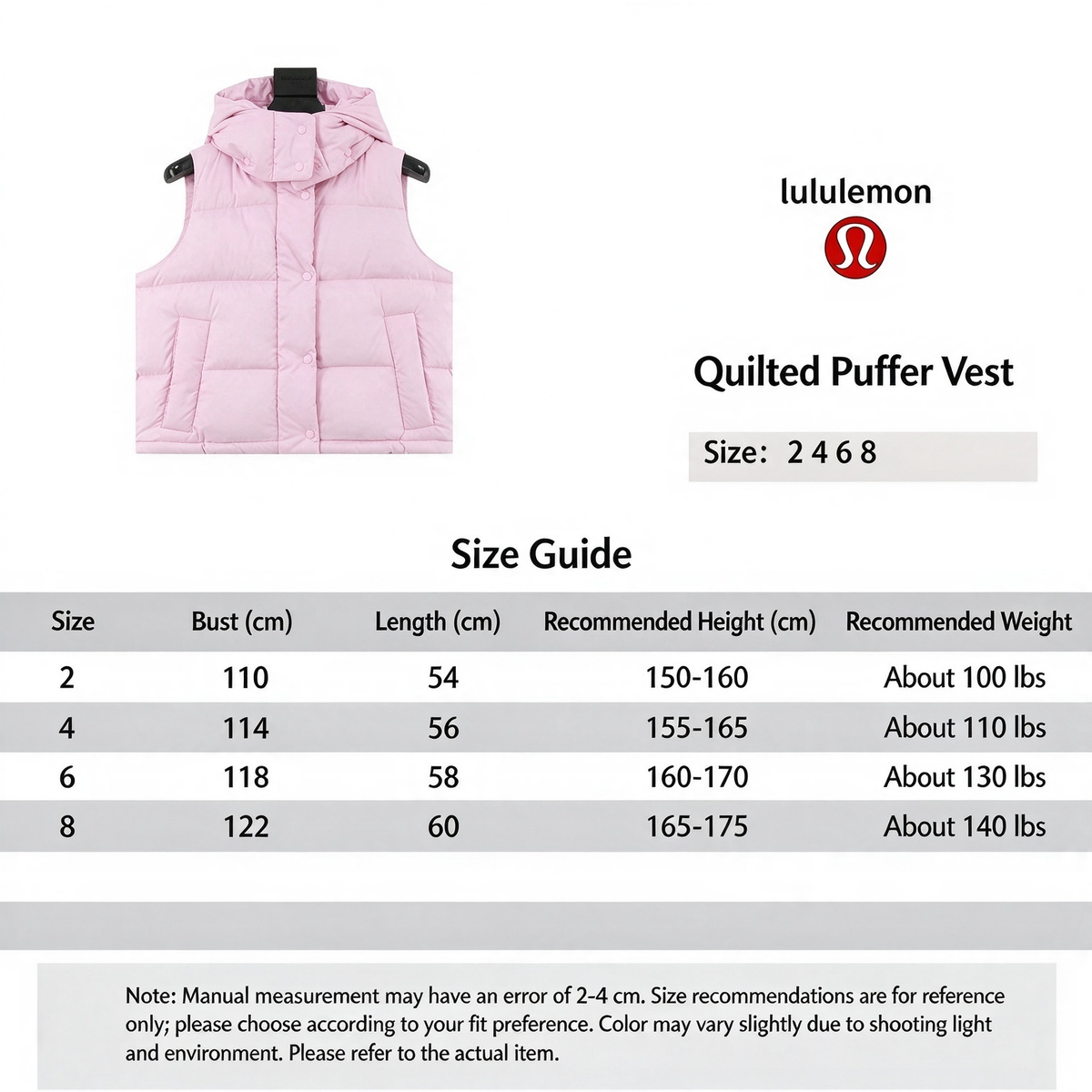 Lululemon Quilted Hood Puffer Vest Snap Button Sleeveless Warm Gilet pink