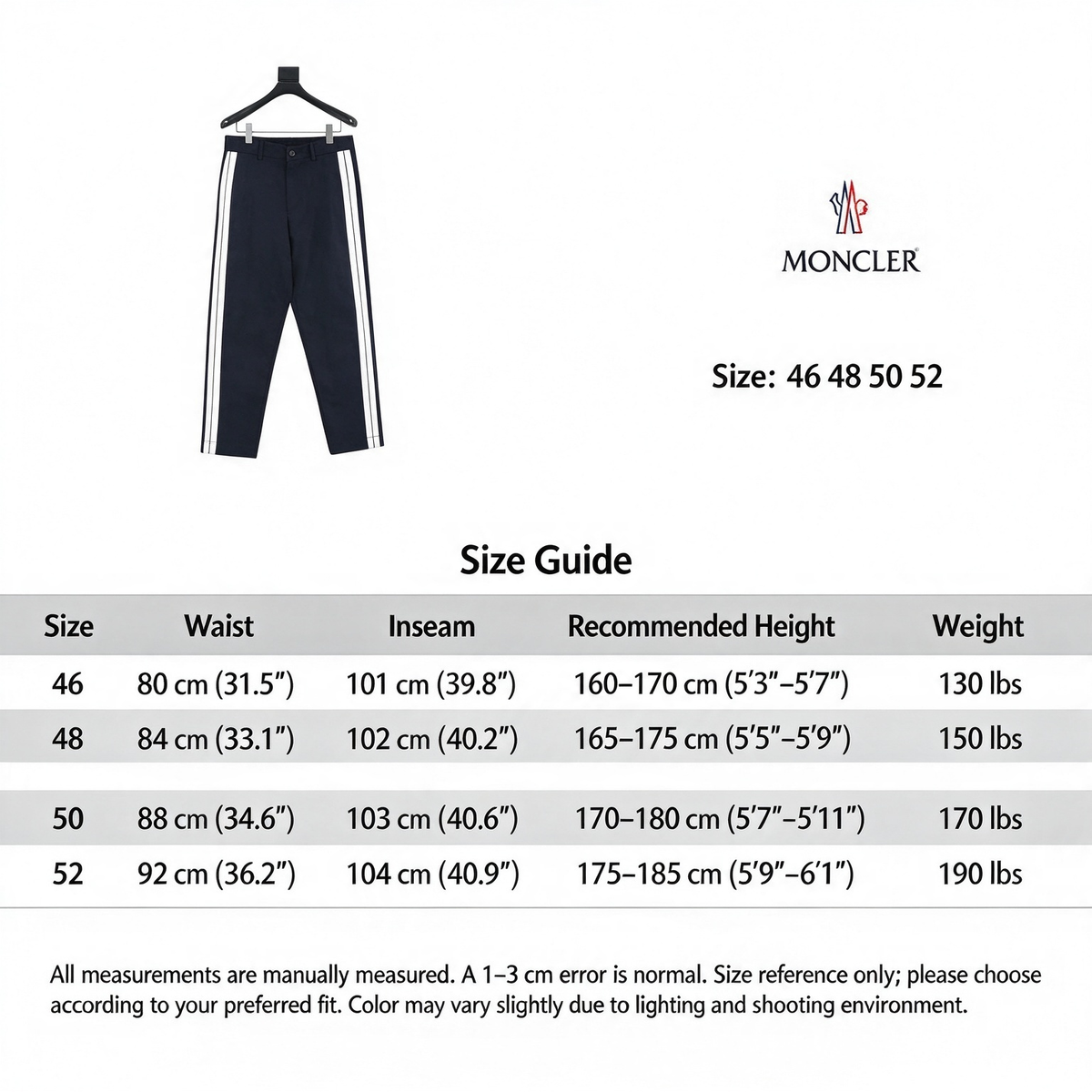 Moncler Men's Side Stripe Cotton Blend Straight Leg Trousers Luxury Casual Pants Navy/White
