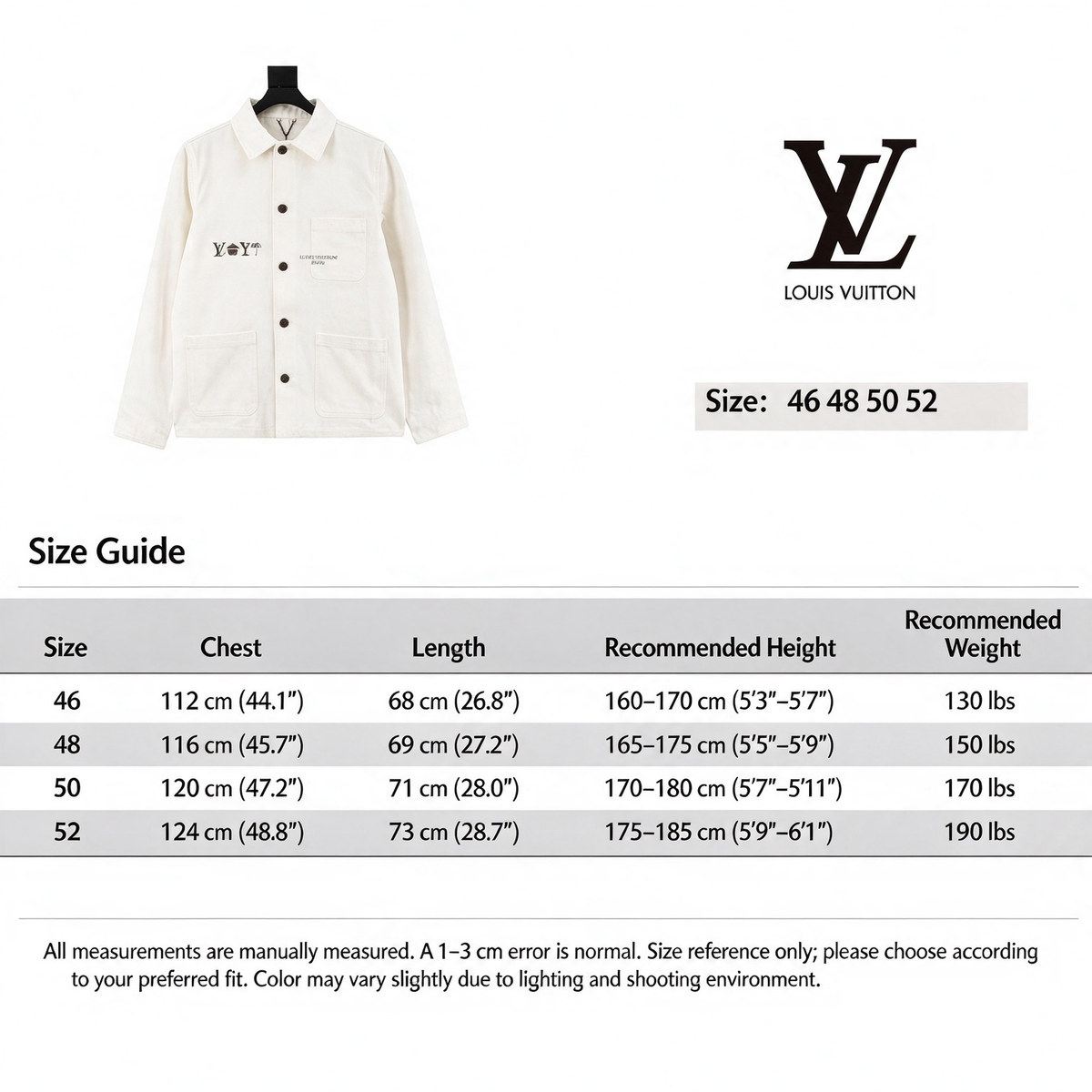 LV Signature Print Three Pocket Work Jacket Premium Cotton Outerwear Unisex Off White