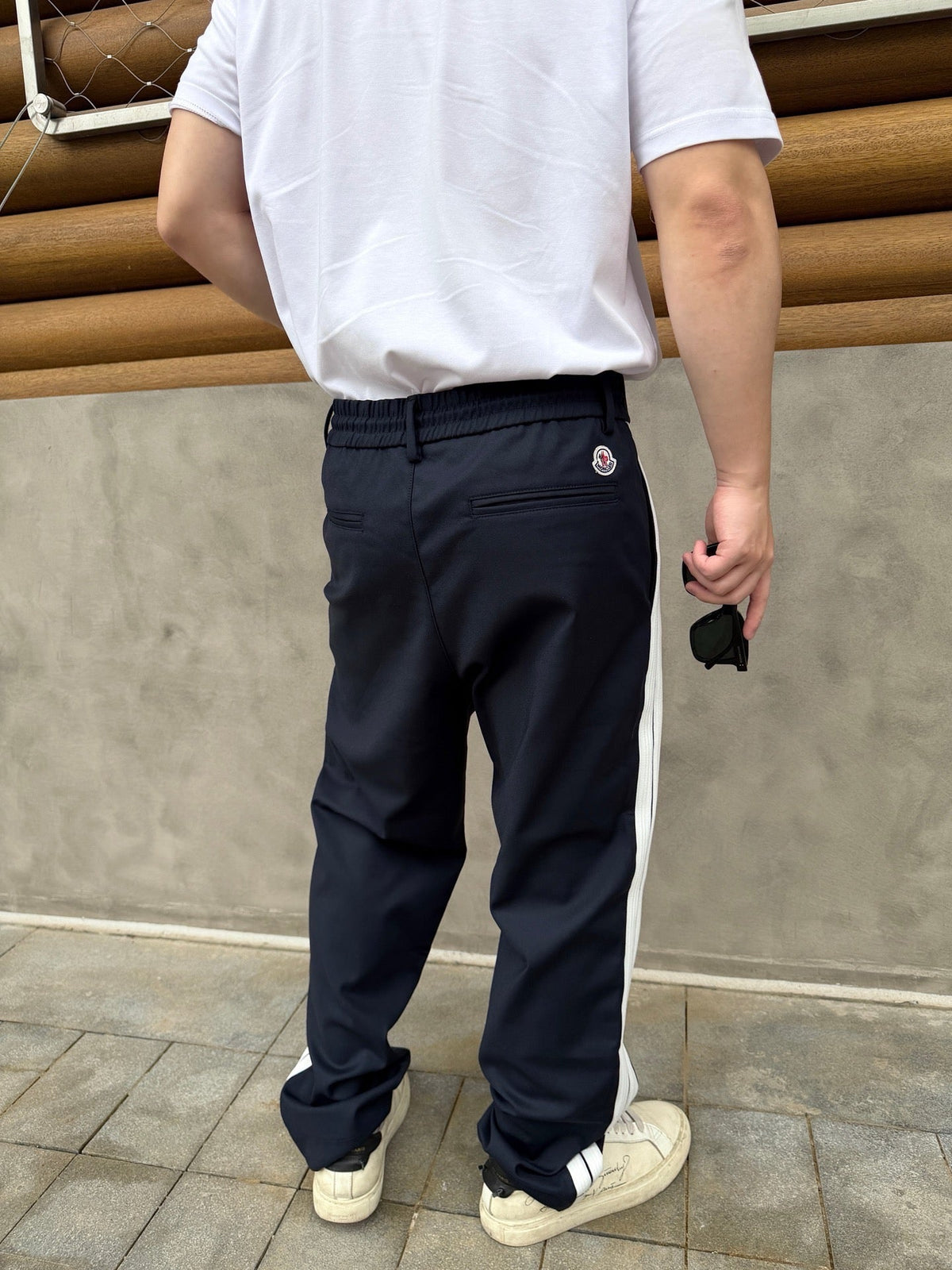 Moncler Men's Side Stripe Cotton Blend Straight Leg Trousers Luxury Casual Pants Navy/White