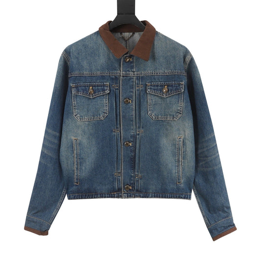 Louis Vuitton Vintage Denim Trucker Jacket, Brown Corduroy Collar Unisex Washed Denim Workwear Outerwear Washed Blue