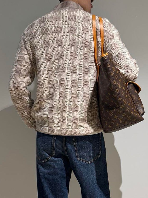 LV Beige Check Openwork Crochet Knit Collared Cardigan Unisex Designer Top