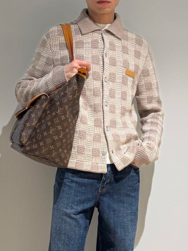 LV Beige Check Openwork Crochet Knit Collared Cardigan Unisex Designer Top