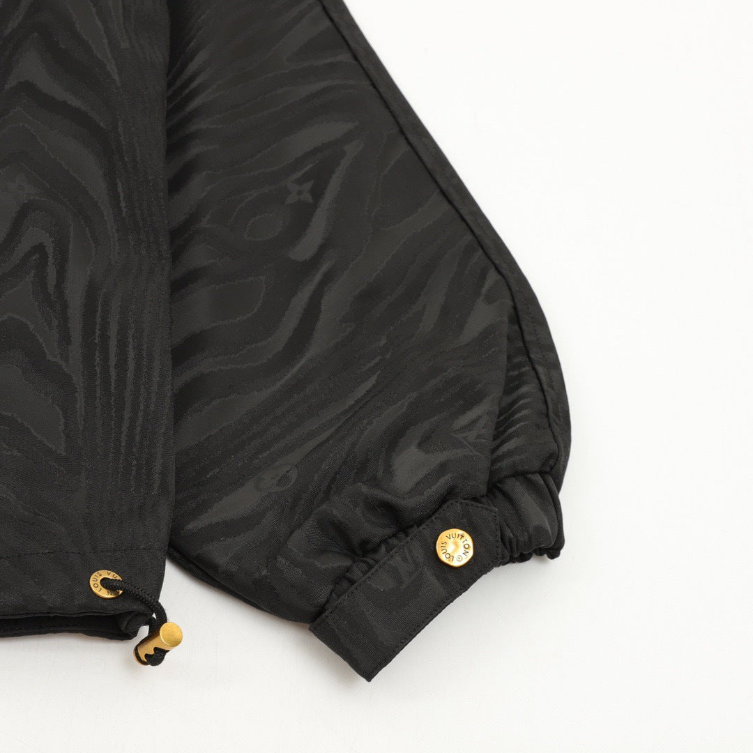 Celine Black Wood Grain Jacquard Hooded Windbreaker Gold Zip Jacket