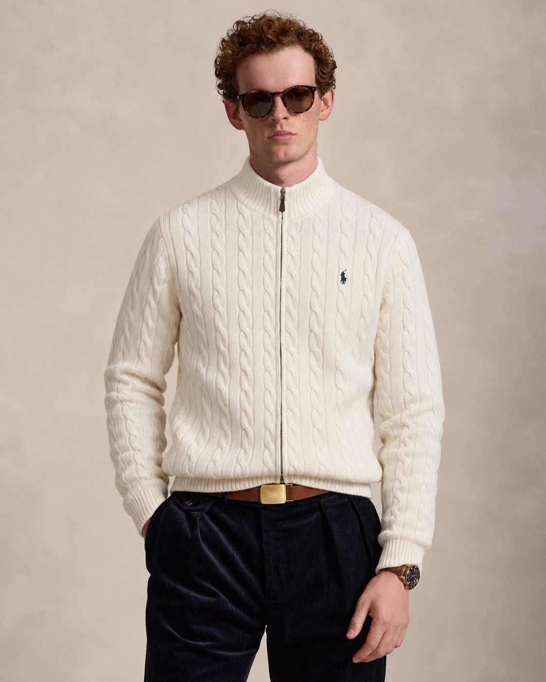 Polo Ralph Lauren Cream Cable Knit Full Zip Sweater Black Pony Logo Unisex