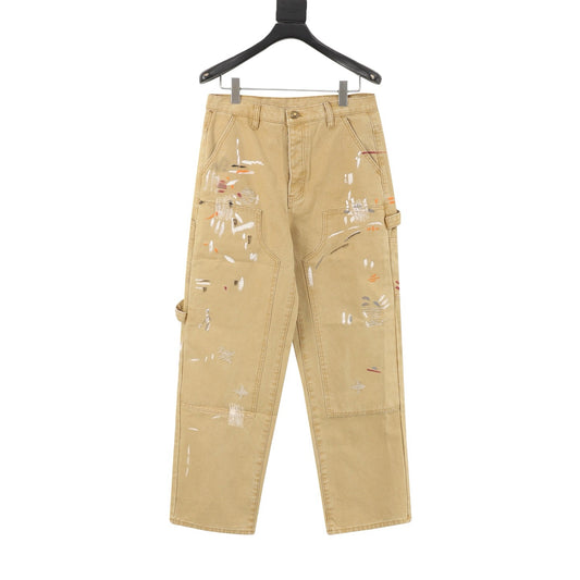 LV Luxury Paint Splatter Carpenter Pants Multi Pocket Streetwear Work Trousers Khaki