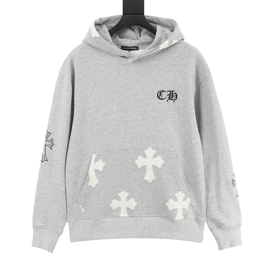 Chrome Hearts Cross Patch Hoodie Classic Cross Graphic Streetwear Hooded Top Unisex Heather Grey