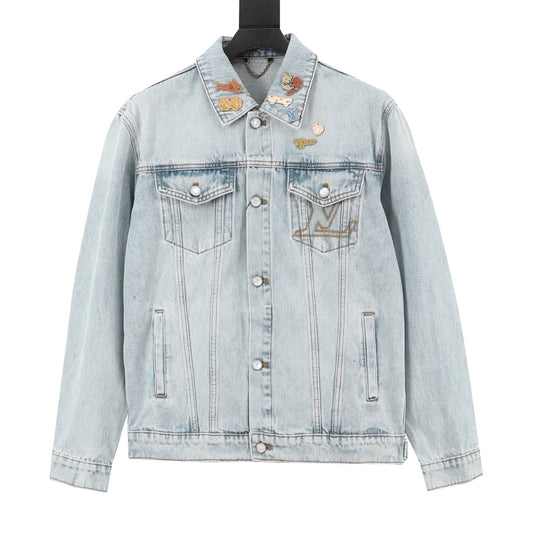 Louis Vuitton Pin Badge Embellished Denim Trucker Jacket Unisex Light Wash Denim Casual Outerwear Light Washed Blue