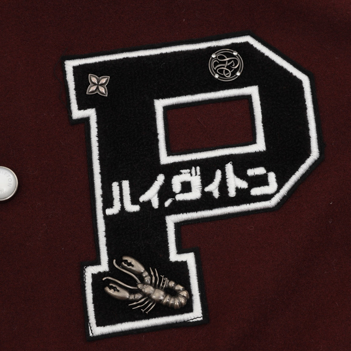LV x Nigo Burgundy Letter Patch Varsity Jacket Vintage Baseball Coat Streetwear unisex Burgundy & Off-white