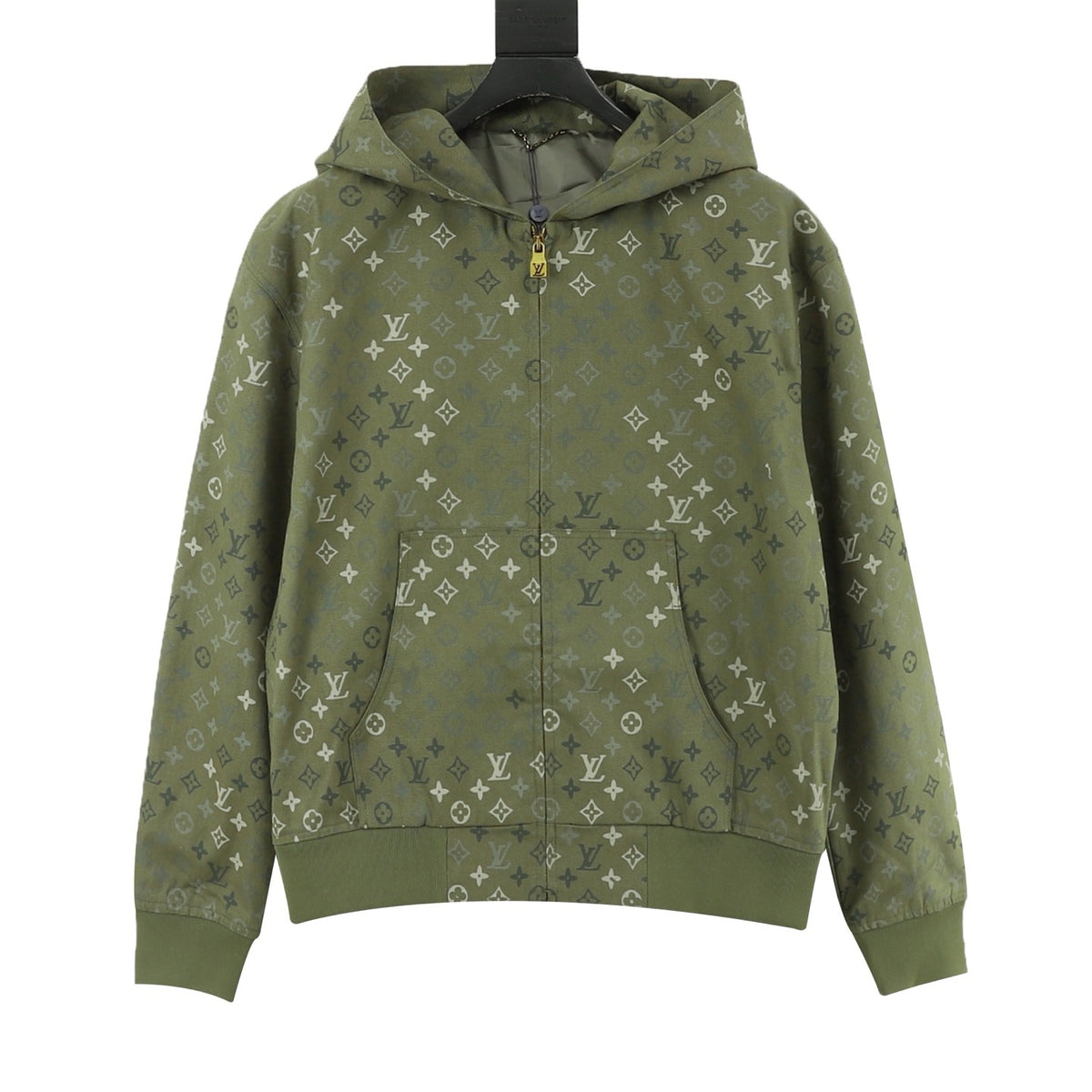 Louis Vuitton Monogram Print Zip Up Hooded Jacket Luxury Hoodie Coat Unisex Olive Green