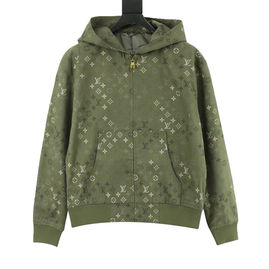 Louis Vuitton Monogram Print Zip Up Hooded Jacket Luxury Hoodie Coat Unisex Olive Green