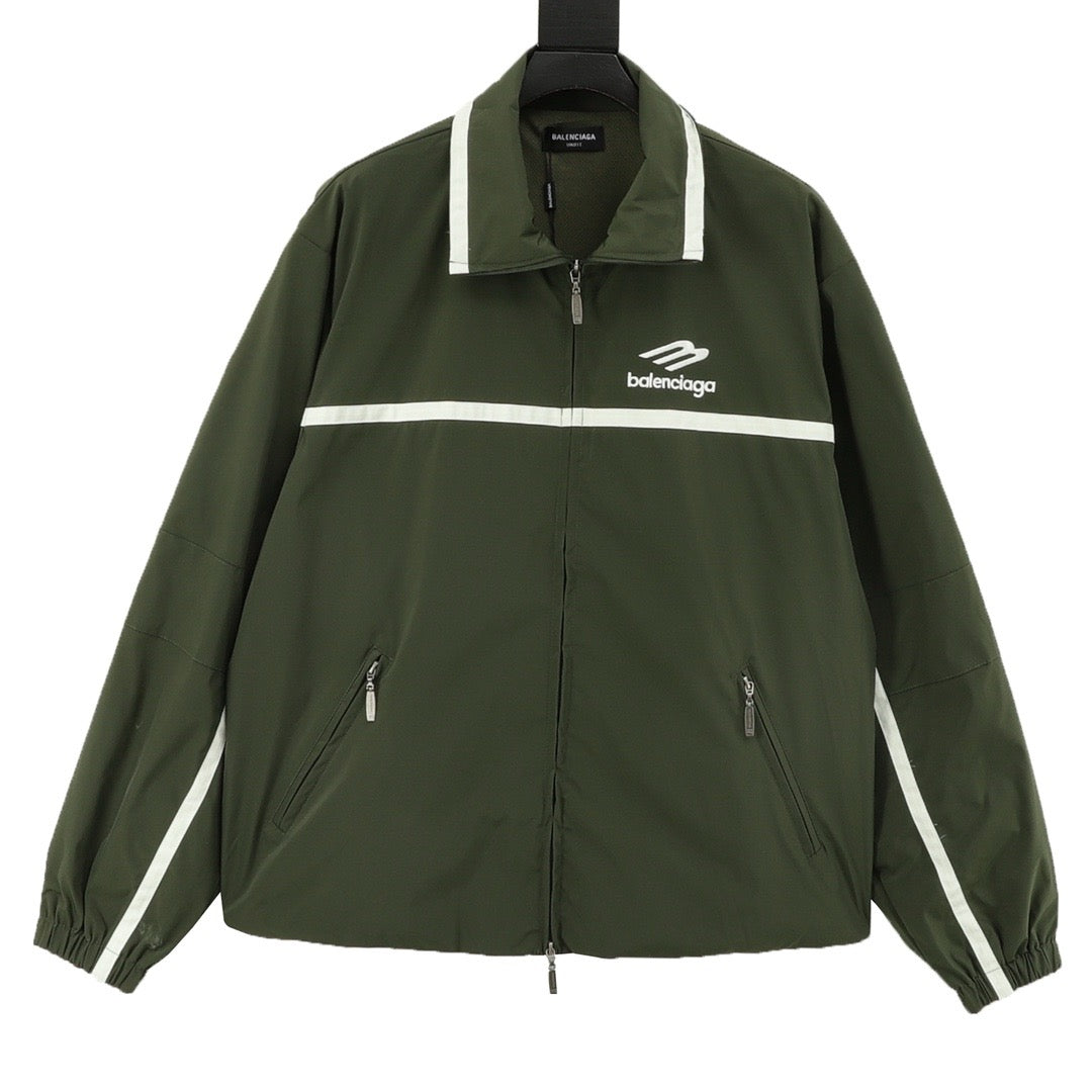 Balenciaga 3B Logo Striped Sport Jacket Full Zip Outerwear Unisex Olive Green