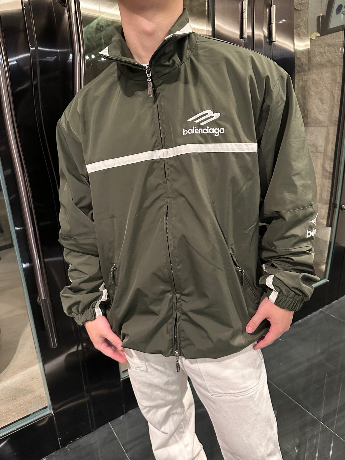 Balenciaga 3B Logo Striped Sport Jacket Full Zip Outerwear Unisex Olive Green