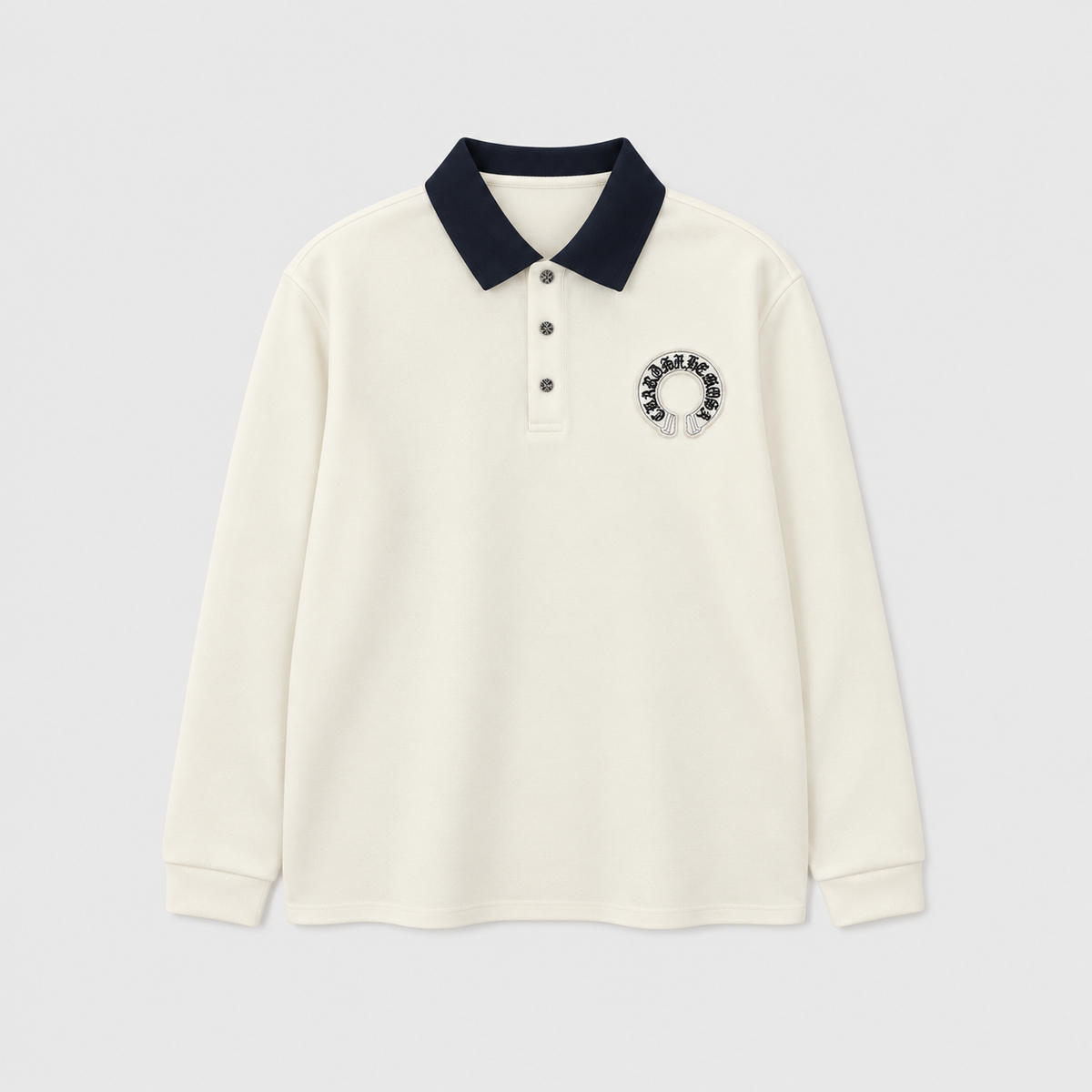 Chrome Hearts Horseshoe Logo Long Sleeve Polo Shirt – Ivory with Contrast Collar