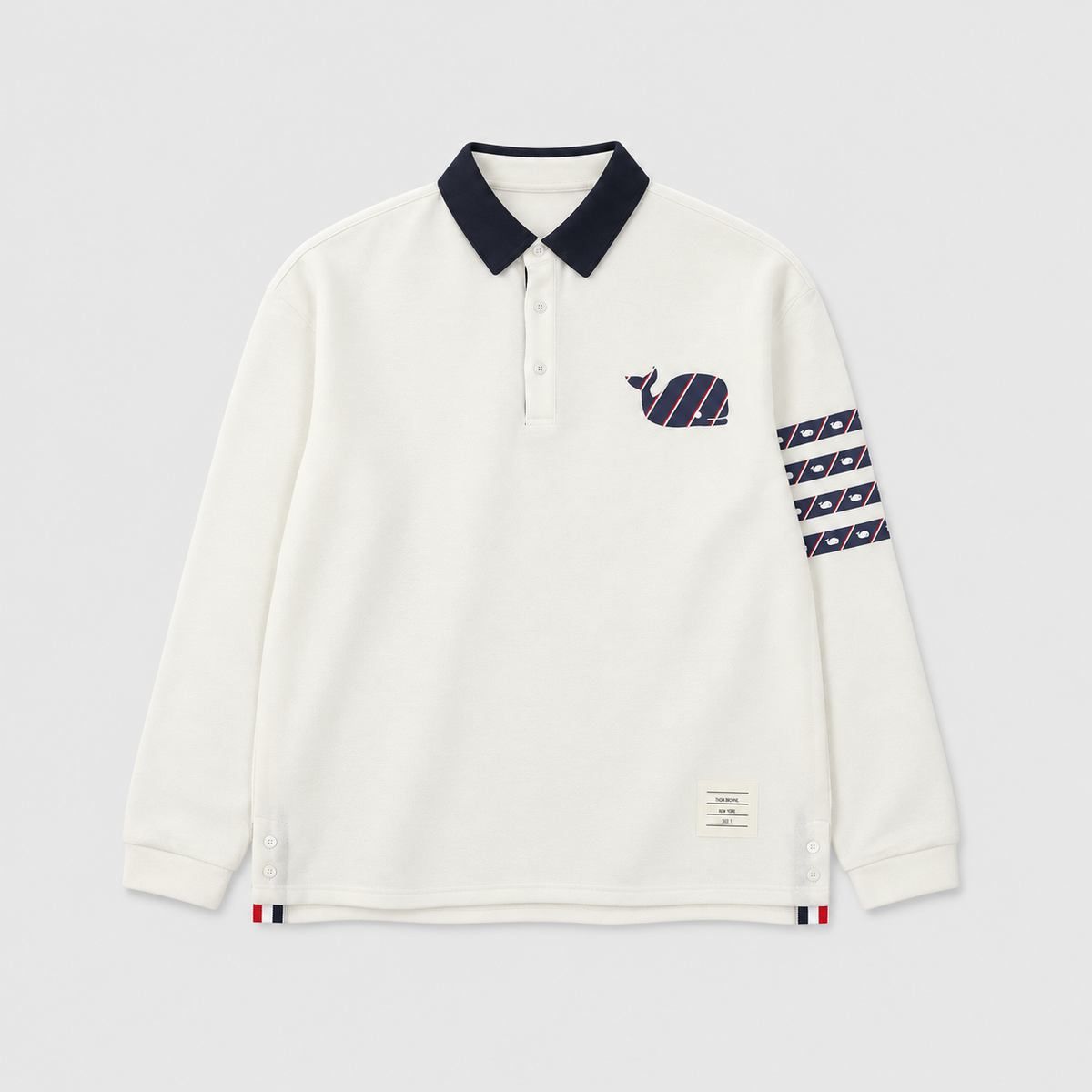 Thom Browne Whale Motif Long Sleeve Polo Shirt men – 4-Bar Stripe Ivory White with Navy