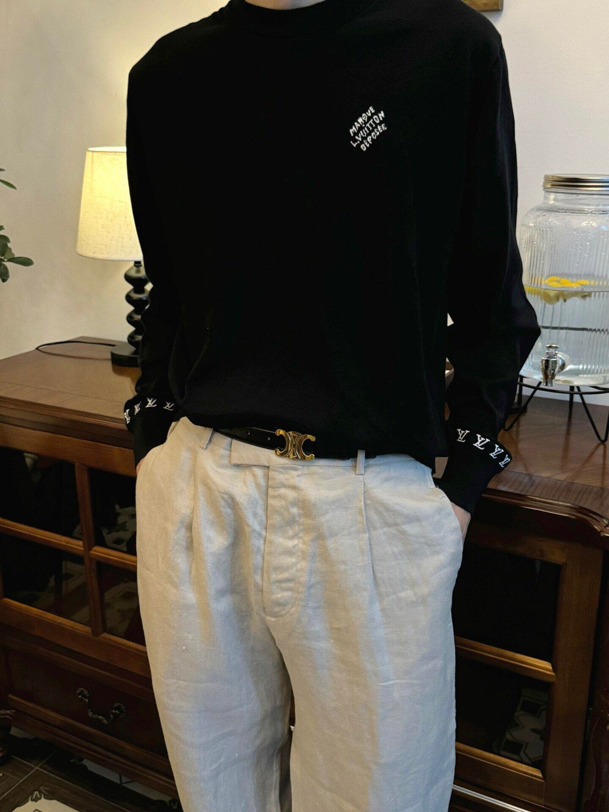 Luxury Handwriting Logo Crew Neck Knit Sweater Rib Cuff Streetwear Pullover Unisex Solid Black