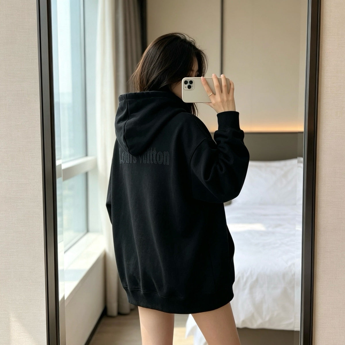 Louis Vuitton Embossed Logo Hoodie Unisex LV Letter Print Pullover Sweatshirt Black