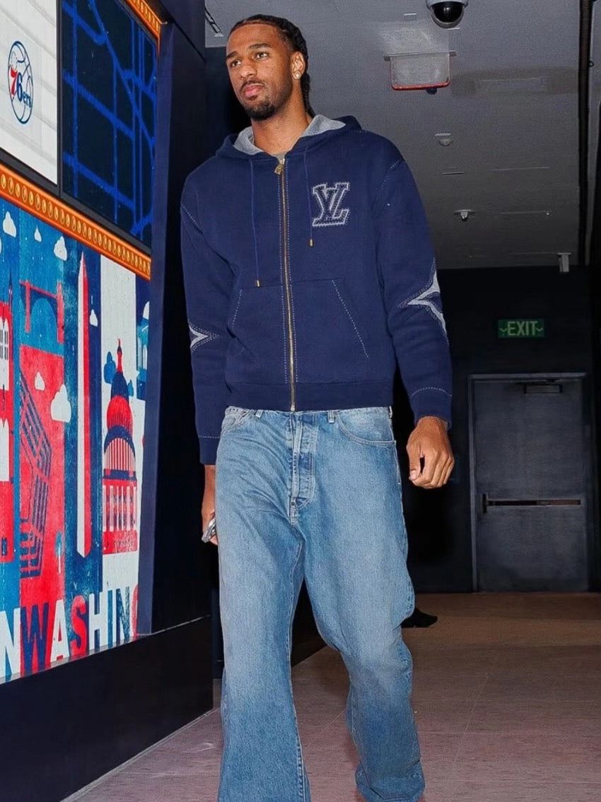 LV Contrast Stitch Embroidery Zip Hoodie Oversized Full Zip Jacket Sweatshirt Navy Unisex Blue（副本）