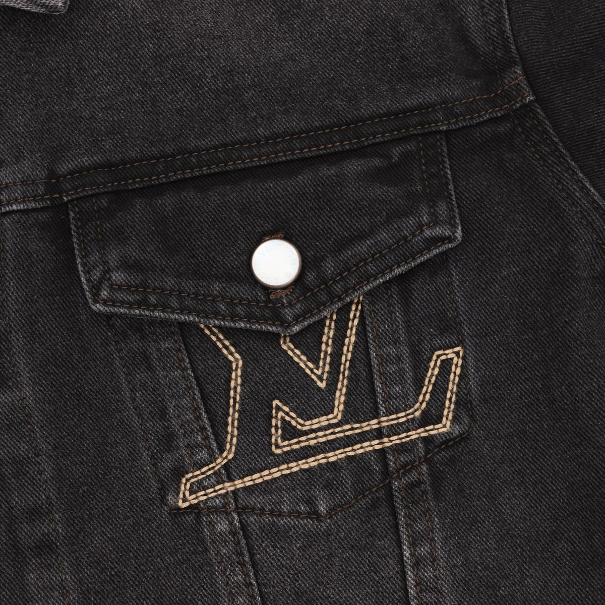 LV Chest Embroidery Logo Denim Jacket Classic Trucker Coat Unisex Washed Black