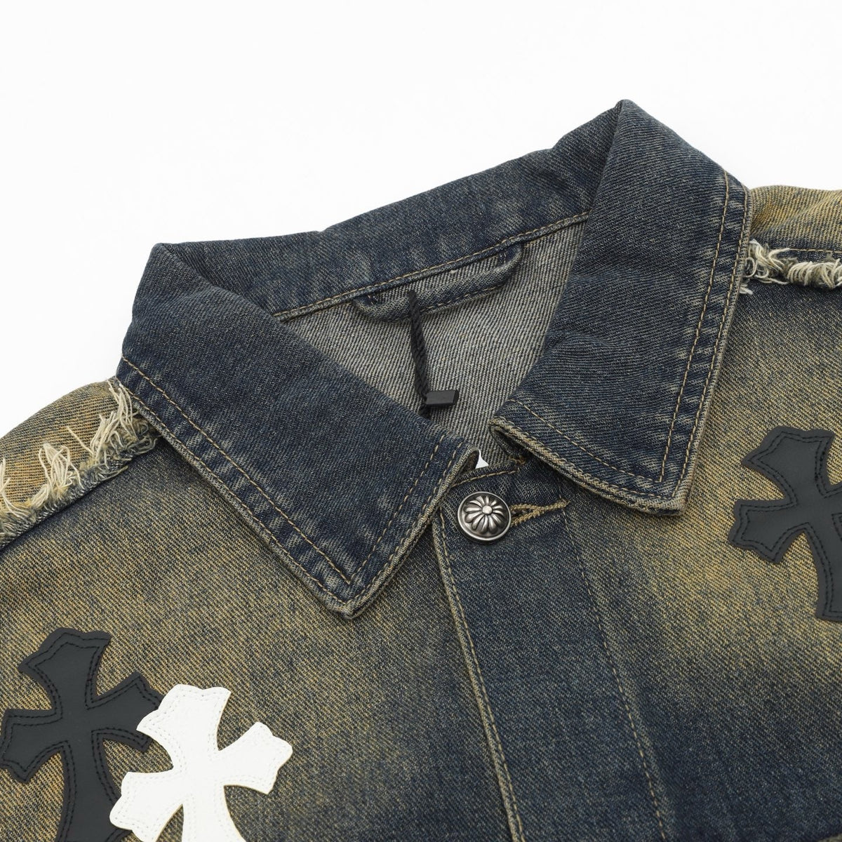 Chrome Hearts Cross Patch Destroyed Denim Jacket Unisex Vintage Washed Fringe Trucker Jacket  Faded Black Wash