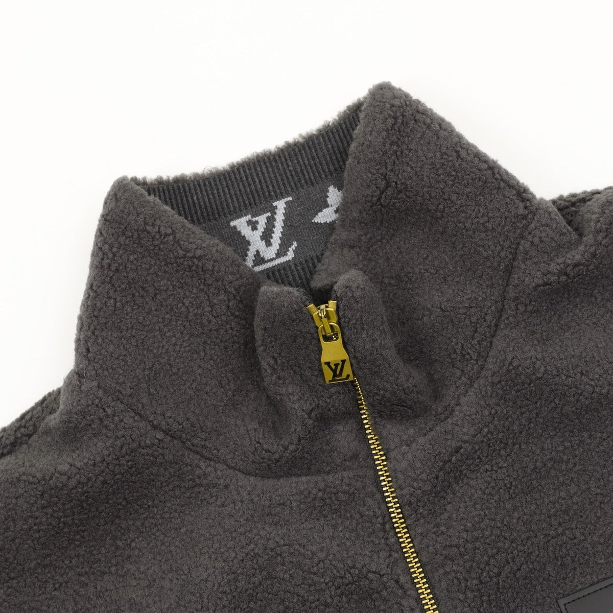Louis Vuitton Fleece Zip Up Jacket Unisex Stand Collar Sherpa Outerwear Dark Grey
