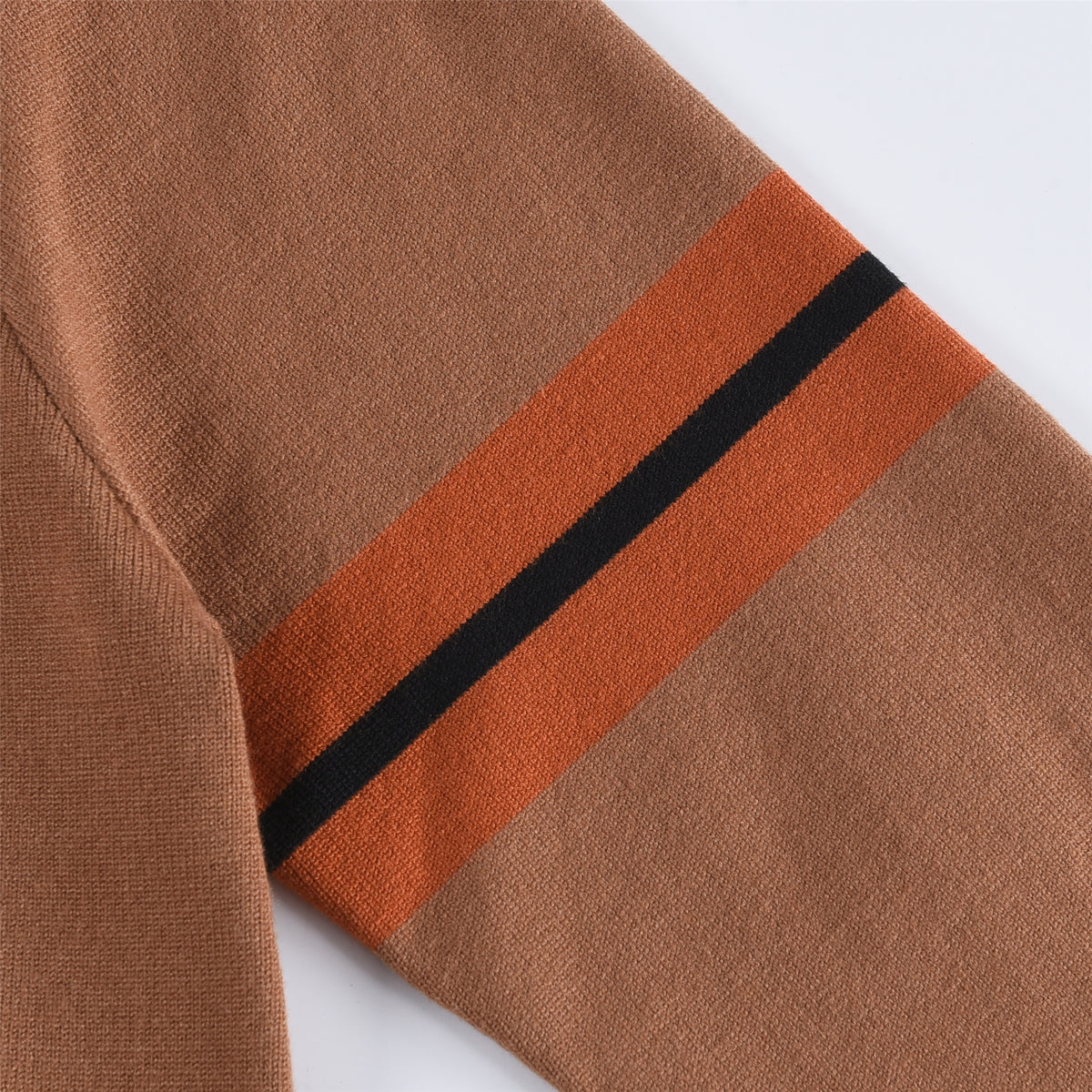 Camel Crew Neck Knit Sweater Orange Striped Sleeve Minimalist Pullover Unisex