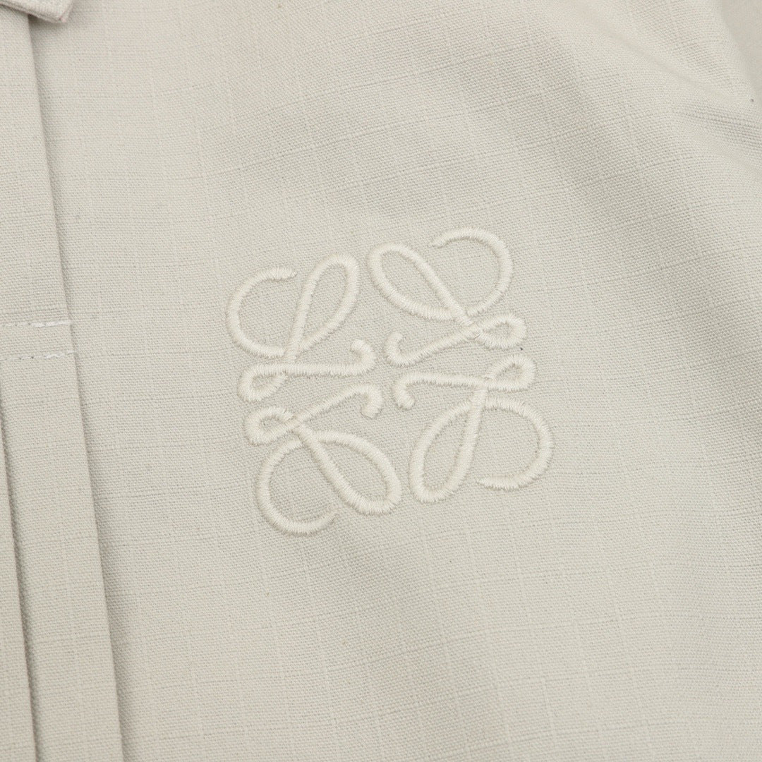 Loewe Light Khaki Pleated Collared Jacket Anagram Embroidery Zip Up Coat