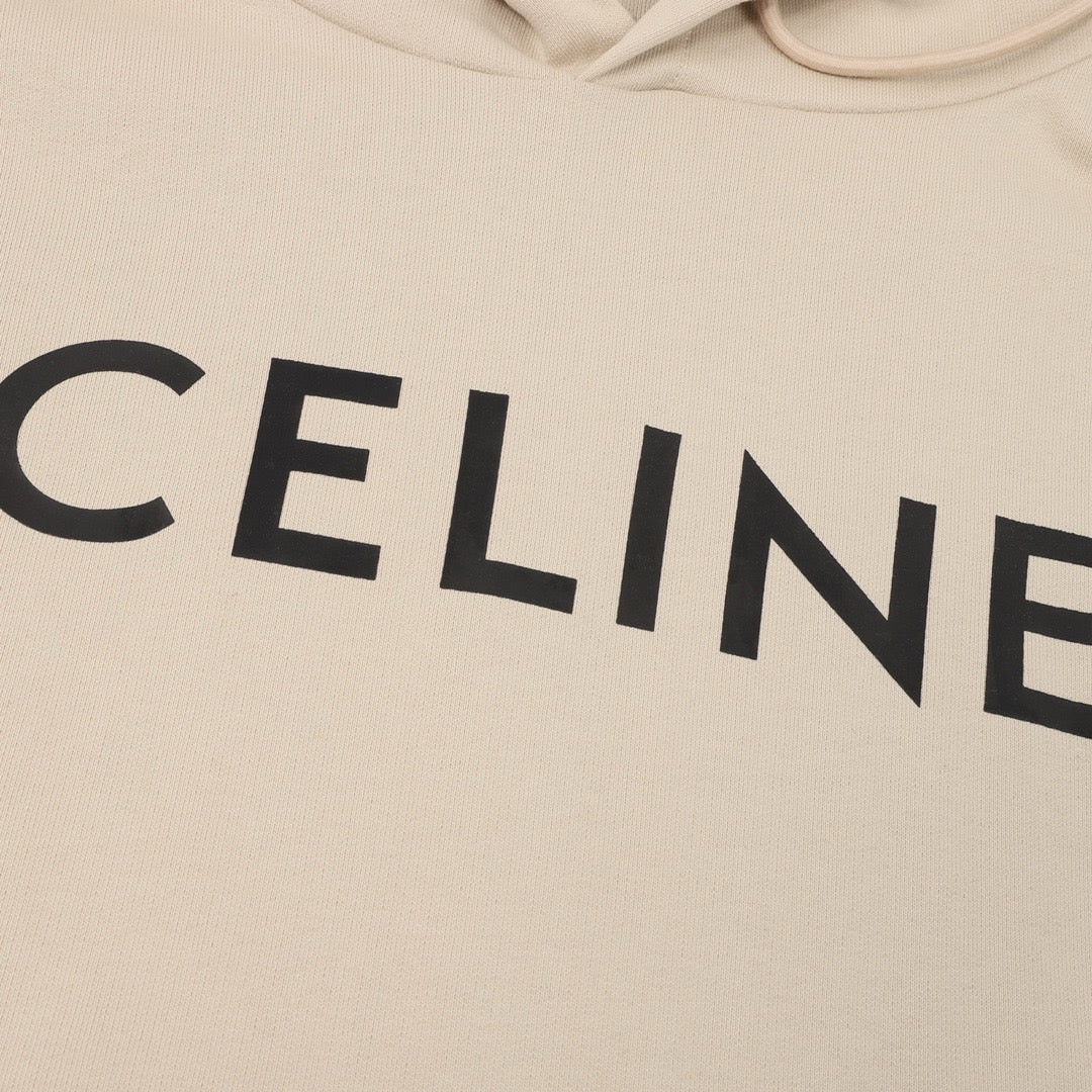 Celine Logo Print Pullover Hoodie Unisex Beige