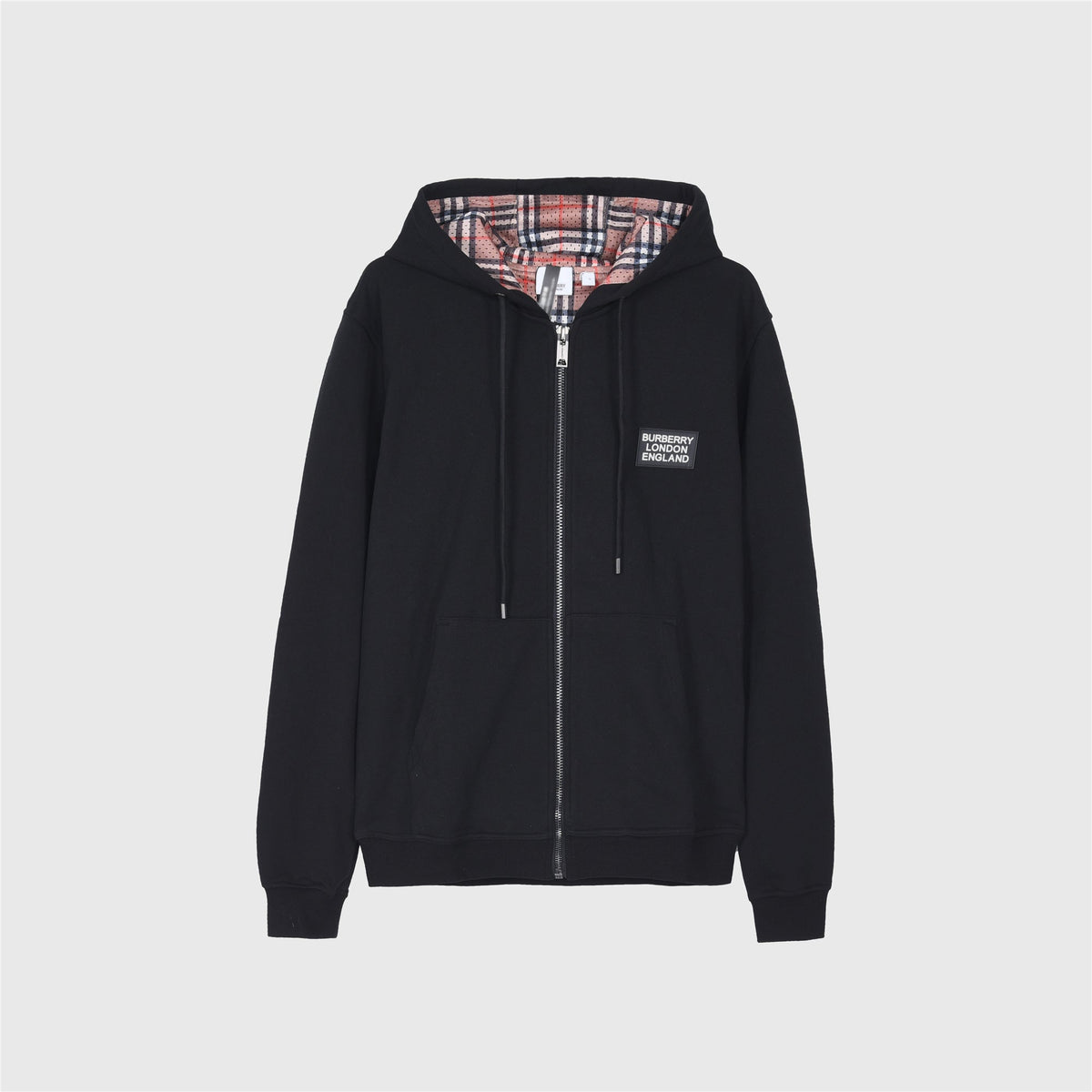 Burberry Black Square Logo Label Zip Up Hoodie Check Lined Hood Unisex
