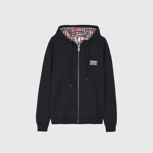 Burberry Black Square Logo Label Zip Up Hoodie Check Lined Hood Unisex