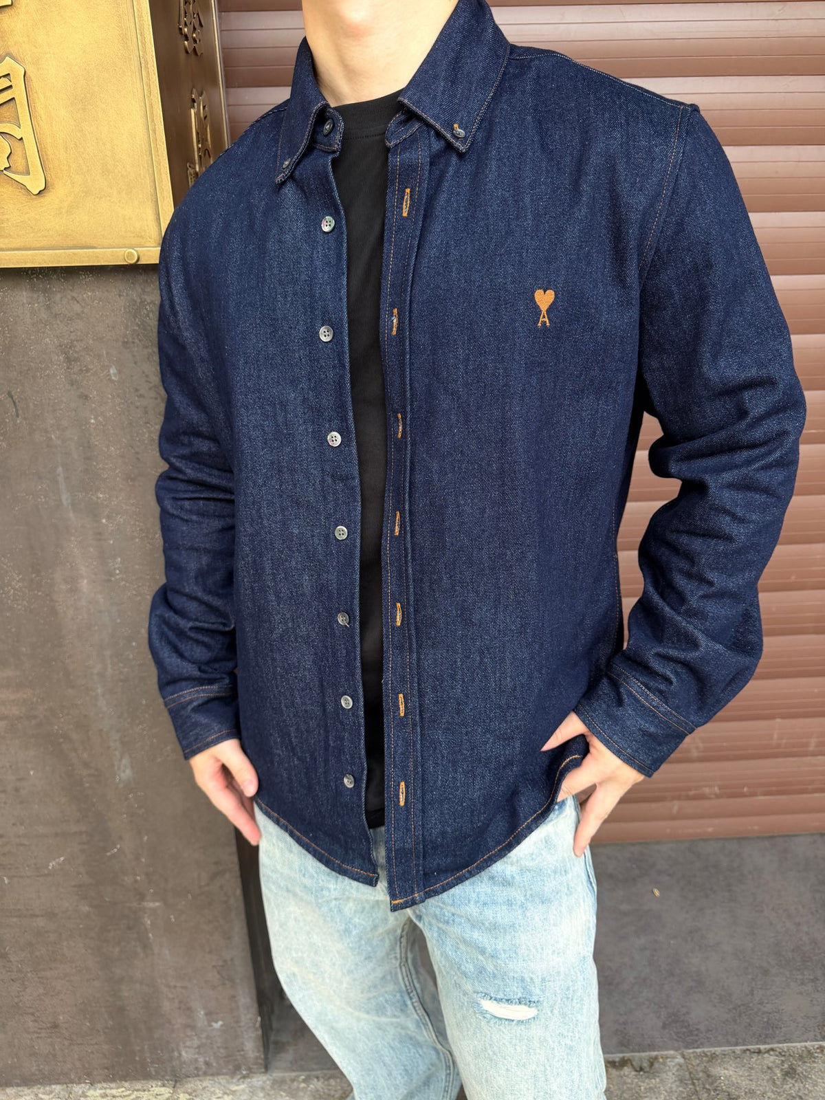 AMI Paris Small Heart Logo Dark Denim Long Sleeve Shirt Unisex