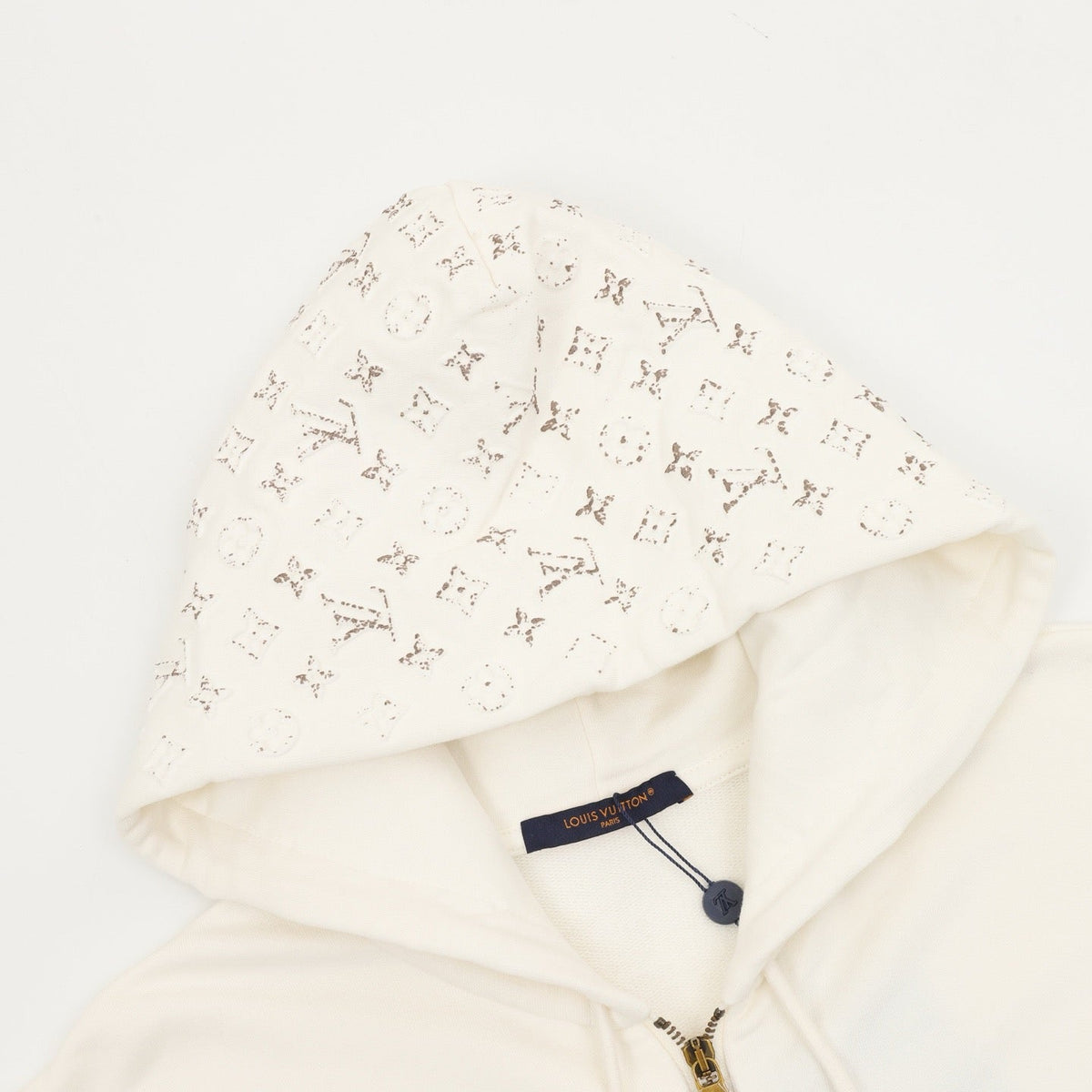 Louis Vuitton Monogram Embossed Full Zip Hoodie Unisex Casual Hooded Sweatshirt Outerwear Off White