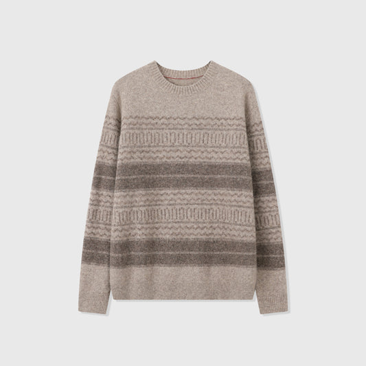 Fair Isle Crew Neck Knit Sweater Retro Stripe Jacquard Pullover Unisex Oatmeal Brown