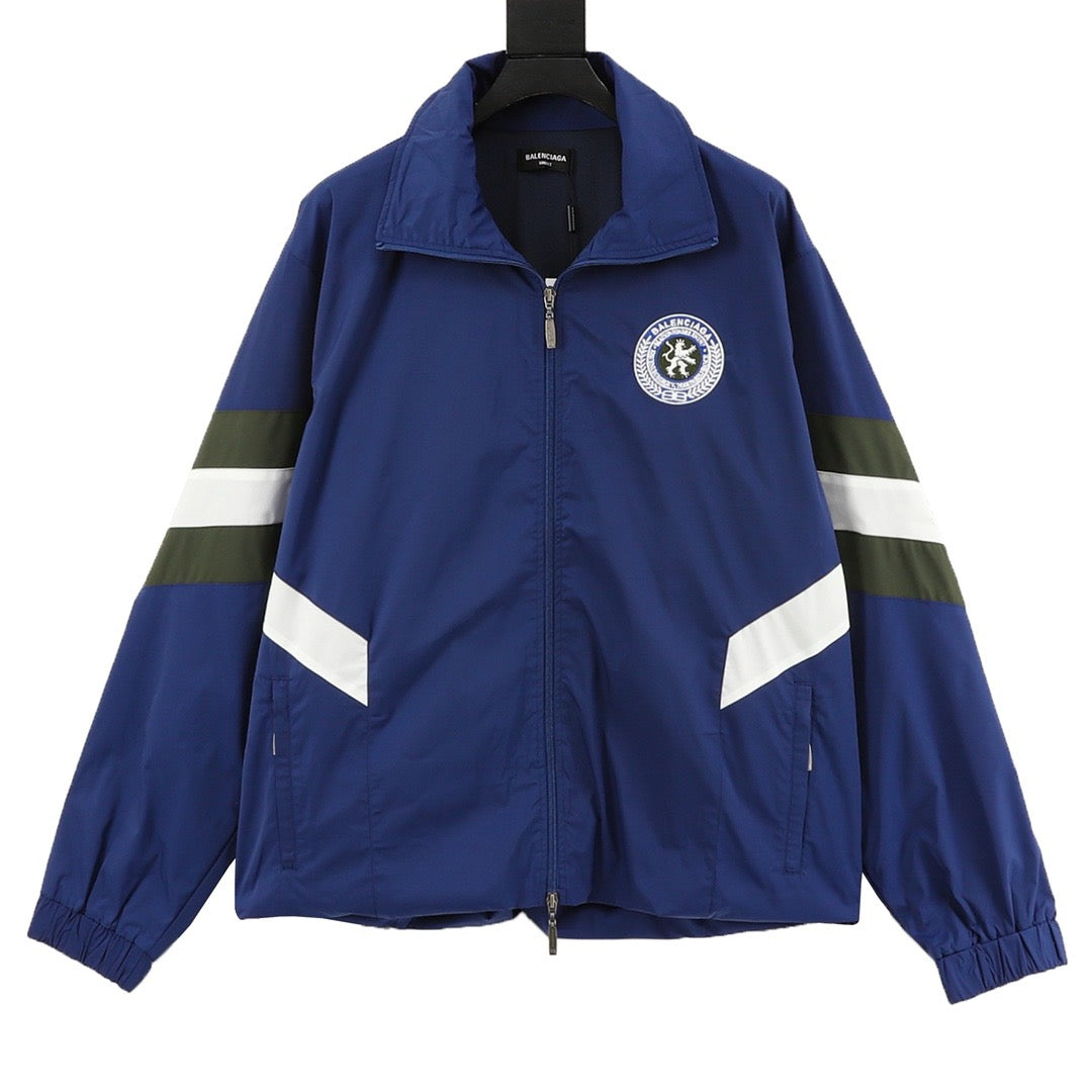 Balenciaga Crest Logo College Track Jacket Unisex Royal Blue with Green & White Stripes