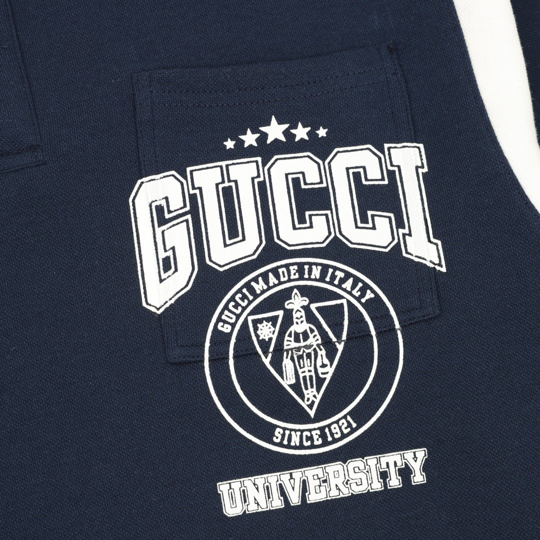 Gucci University Logo Long Sleeve Polo Shirt – Navy with Striped Collar